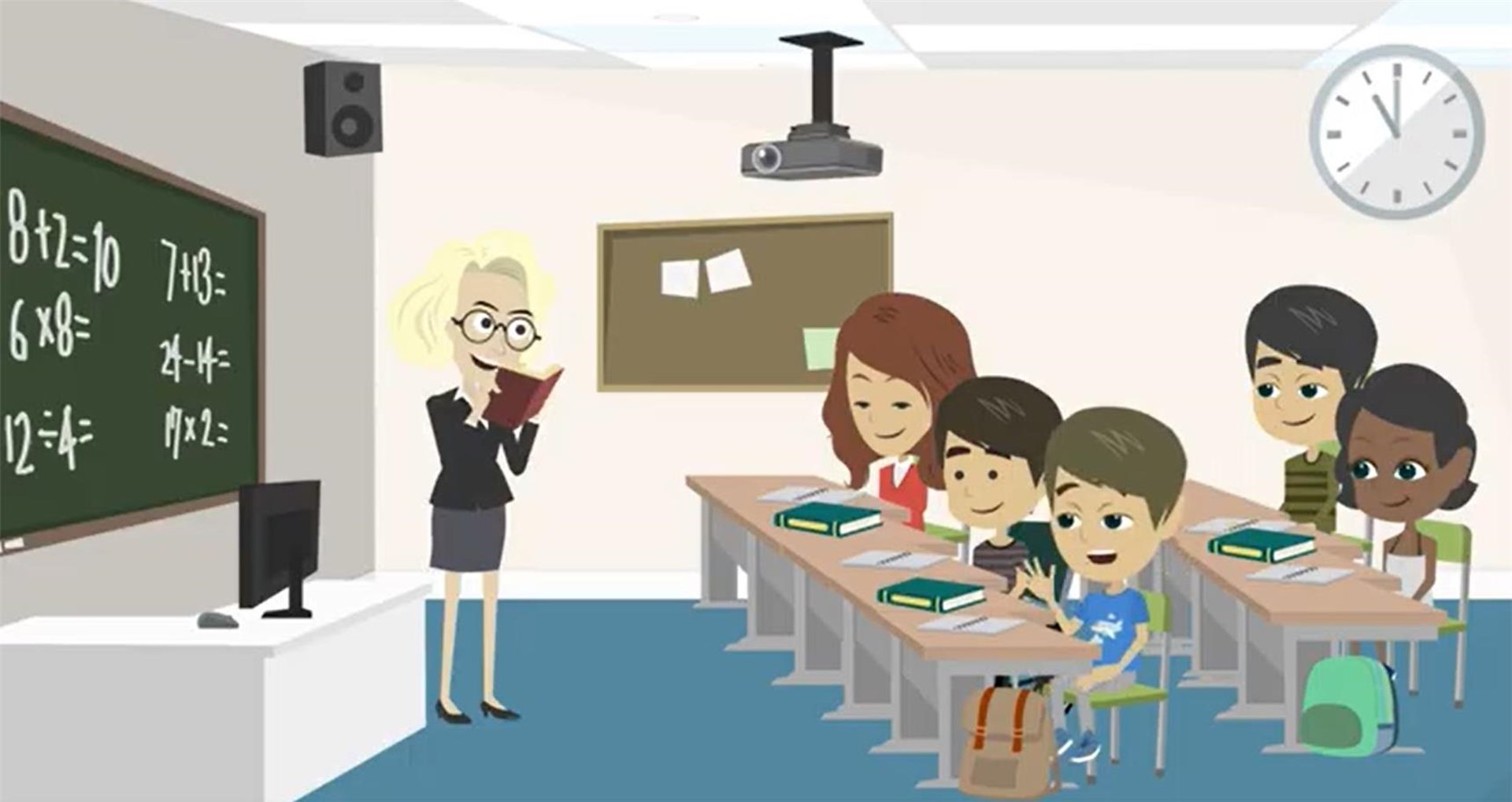 Eine Lehrerin steht vor einer Tafel mit mathematischen Formeln und unterrichtet eine Gruppe von Schülern in einem Klassenzimmer.